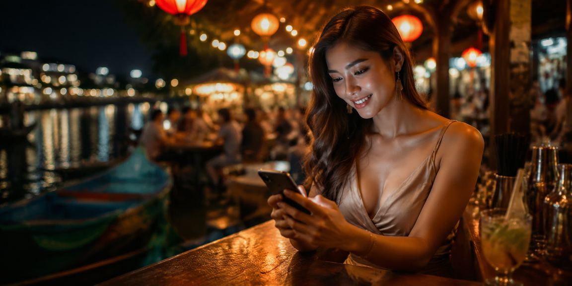 Chợ đêm Mũi Né với người dùng tham gia trò chơi bài và theo dõi giải thưởng trực tuyến
